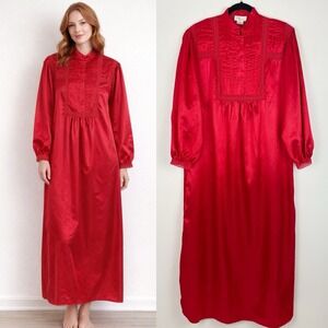 Vintage Red Satin Nightgown Long Sleeve